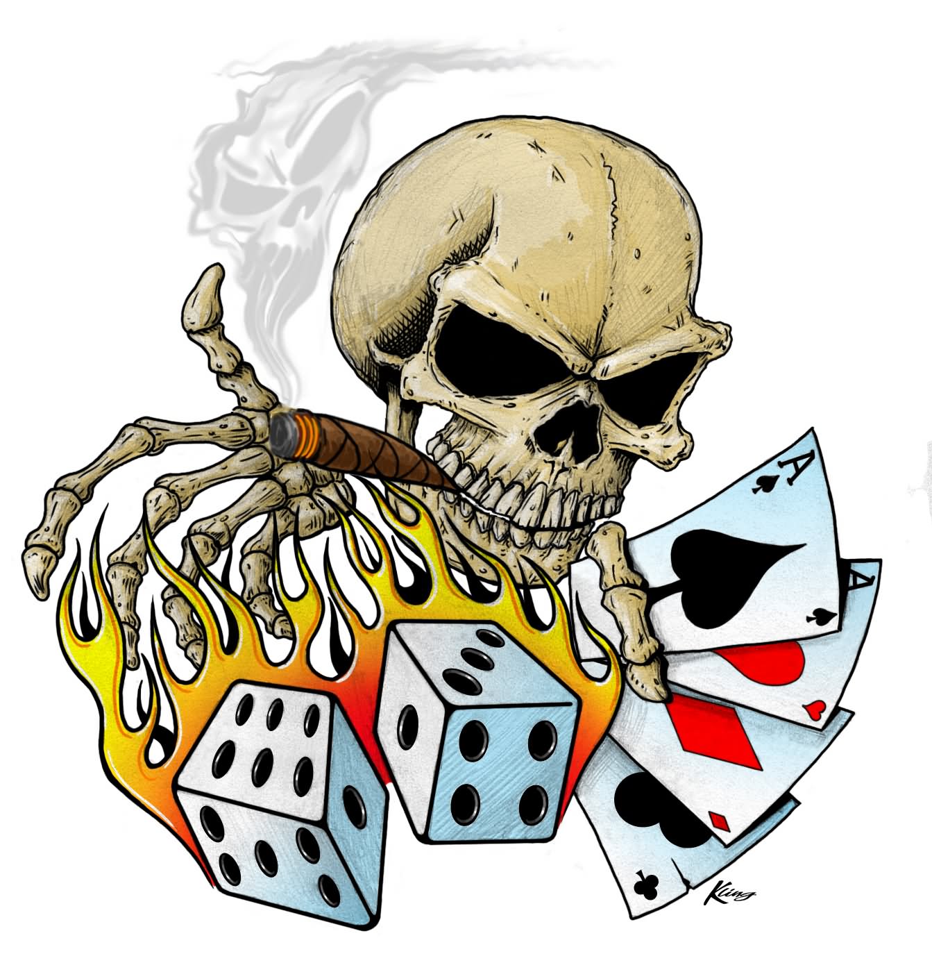 Flaming Dice And Gamble Skull Tattoo Design