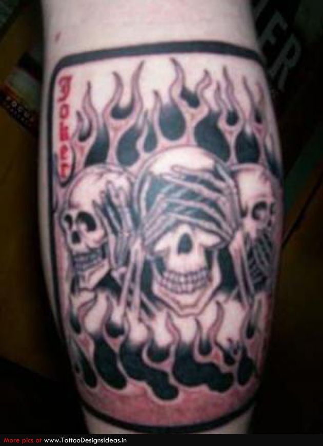 Flaming Gambling Skulls On Card Tattoo On Leg
