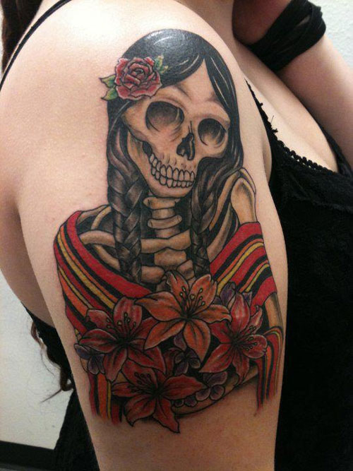 Flowers And Mexican Girl Skeleton Tattoo On Half Sleeve