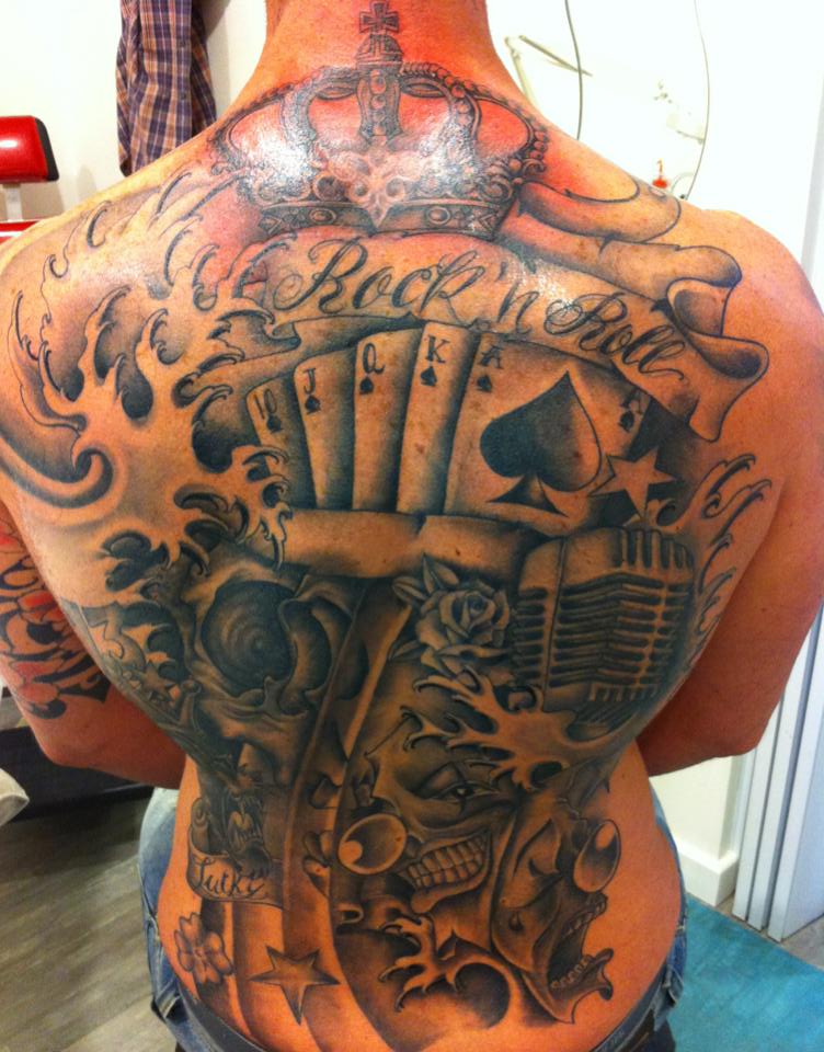 Gambling Black And White Tattoo On Full Back