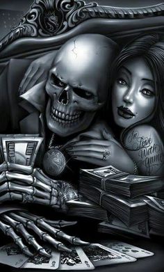 Gambling Girl And Skull Tattoo Design