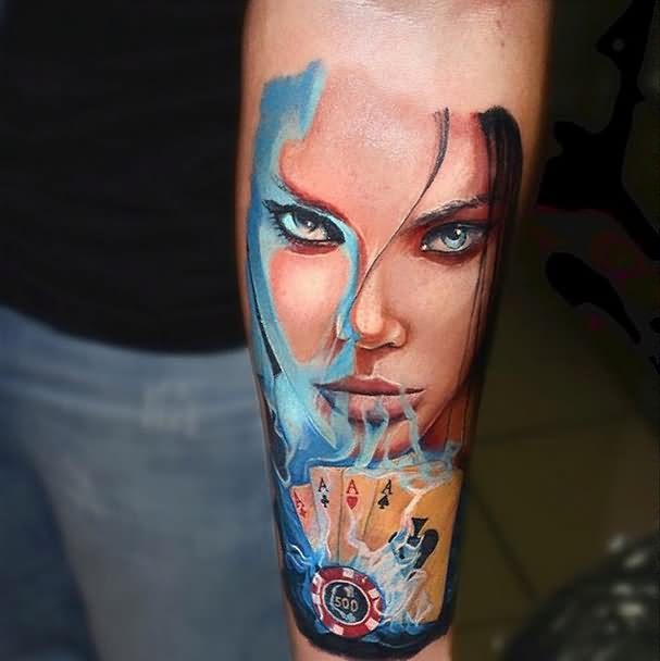 Gambling Girl Head Tattoo On Forearm by Dave Paulo
