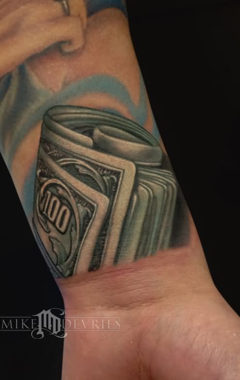 Gambling Money Tattoo On Forearm by Mike Devries