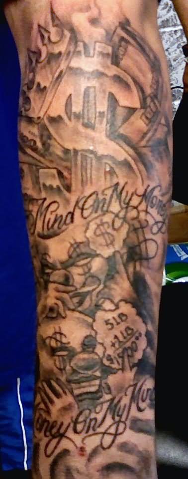Gambling Money Tattoo On Man Left Sleeve