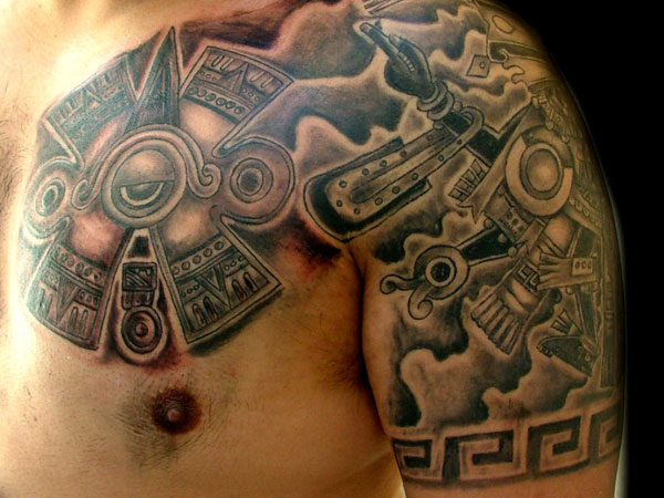Grey Aztec Mexican Tattoo On Front Shoulder