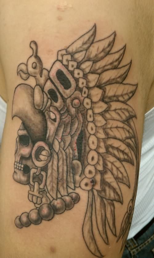 Grey Aztec Mexican Tattoo On Man Left Shoulder