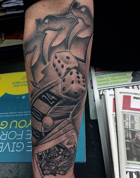Grey Gambling Money Tattoo On Arm Sleeve