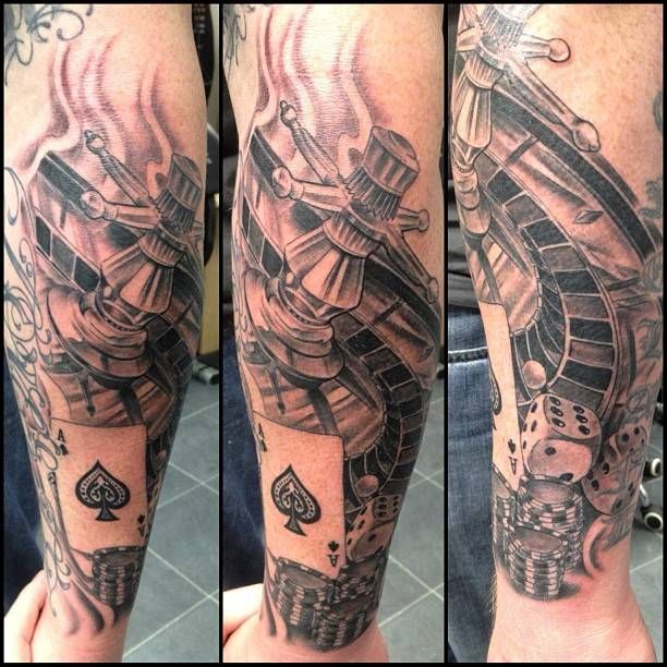 Grey Gambling Tattoo On Arm Sleeve