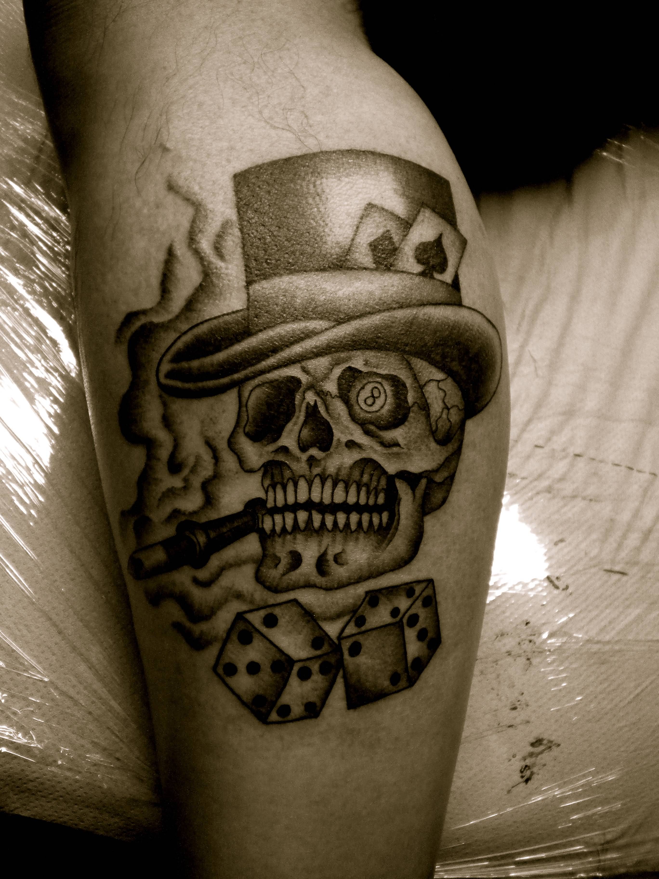 Grey Ink Dice And Smoking Skull Gambling Tattoo On Leg