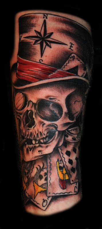 Grey Ink Gambler Skull Tattoo On Half Sleeve by Unibody
