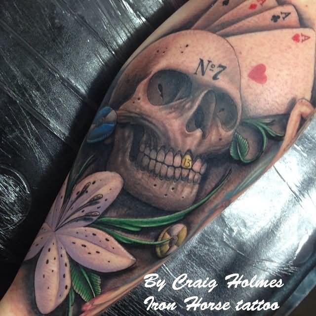 Grey Ink Gambling Skull And Flower Tattoo On Leg by Craig Holmes