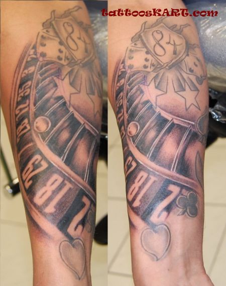 Grey Ink Gambling Tattoo On Arm Sleeve