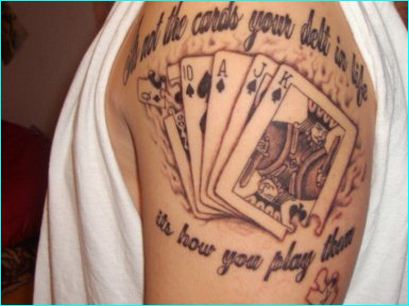 Grey Ink Gambling Tattoo On Shoulder