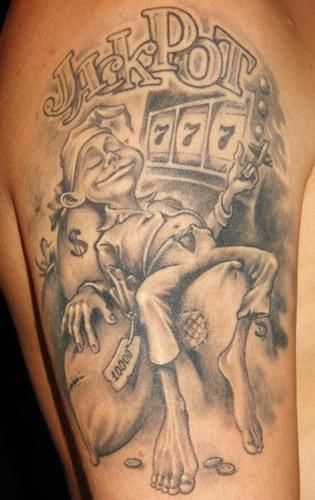 Grey Ink Jackpot Gambling Tattoo On Half Sleeve