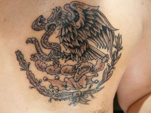Grey Ink Mexican Eagle And Snake Tattoo