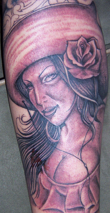 Grey Ink Mexican Girl Tattoo On Leg