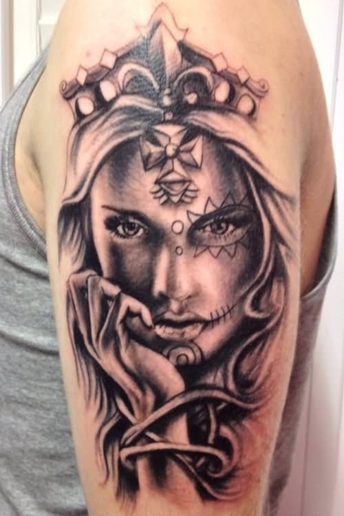 Grey Ink Mexican Tattoo On Left Half Sleeve For Women
