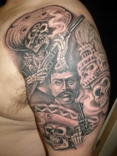 Grey Ink Mexican Tattoo On Man Left Half Sleeve