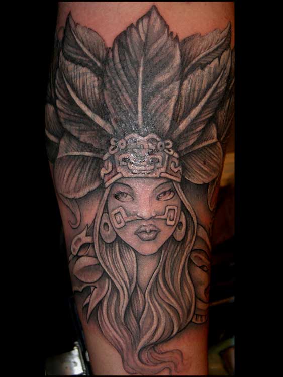 Grey Ink Native Mexican Lady Tattoo On Sleeve