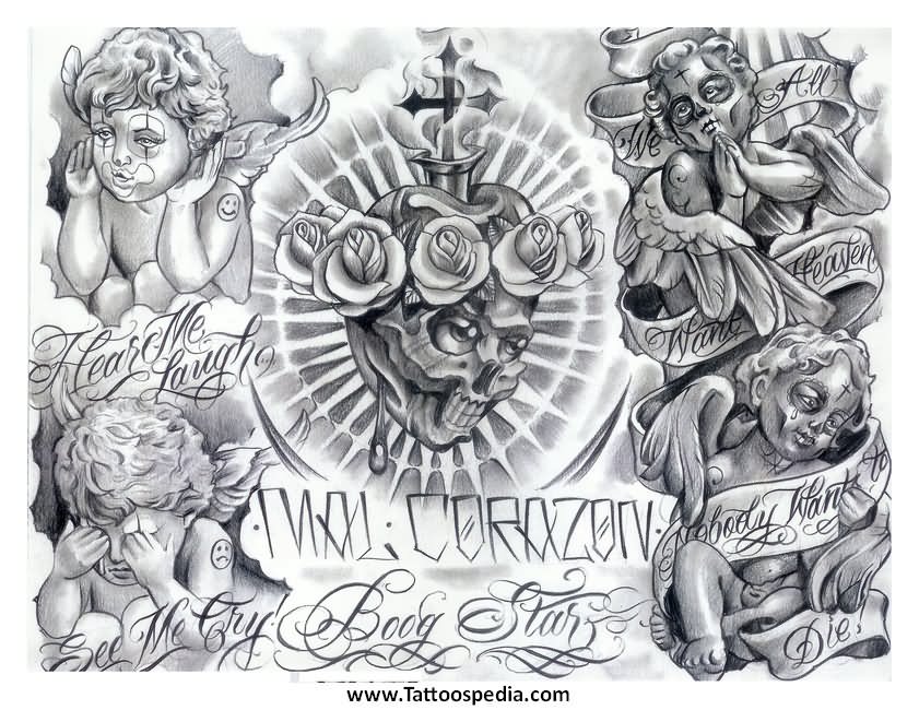 Grey Mexican Cherub Angels Tattoo Design