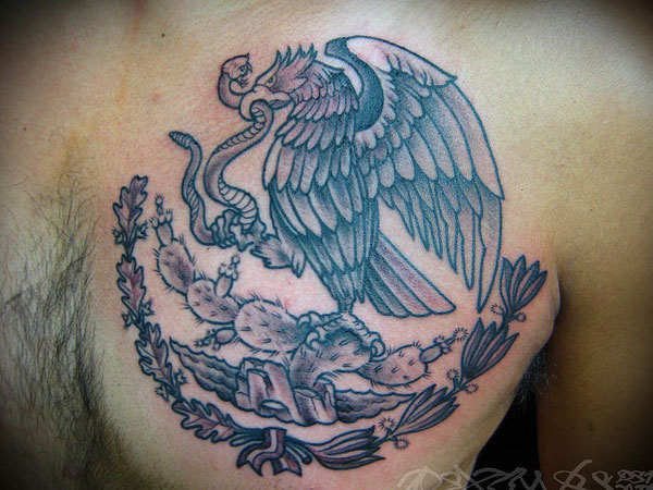 Grey Mexican Eagle Tattoo On Chest