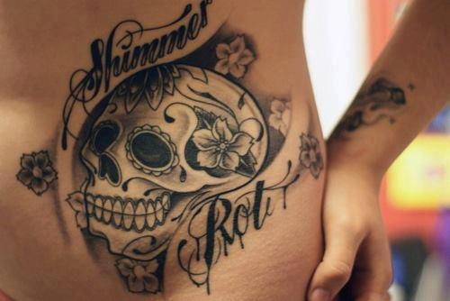 Grey Mexican Skull Tattoo On Hip