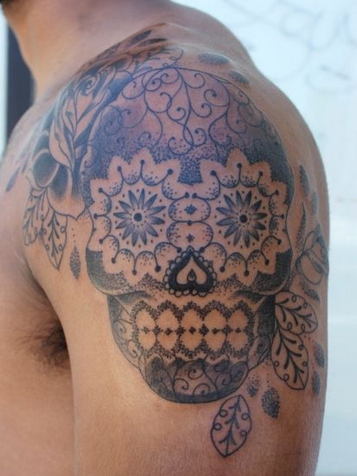 Grey Mexican Skull Tattoo On Left Shoulder