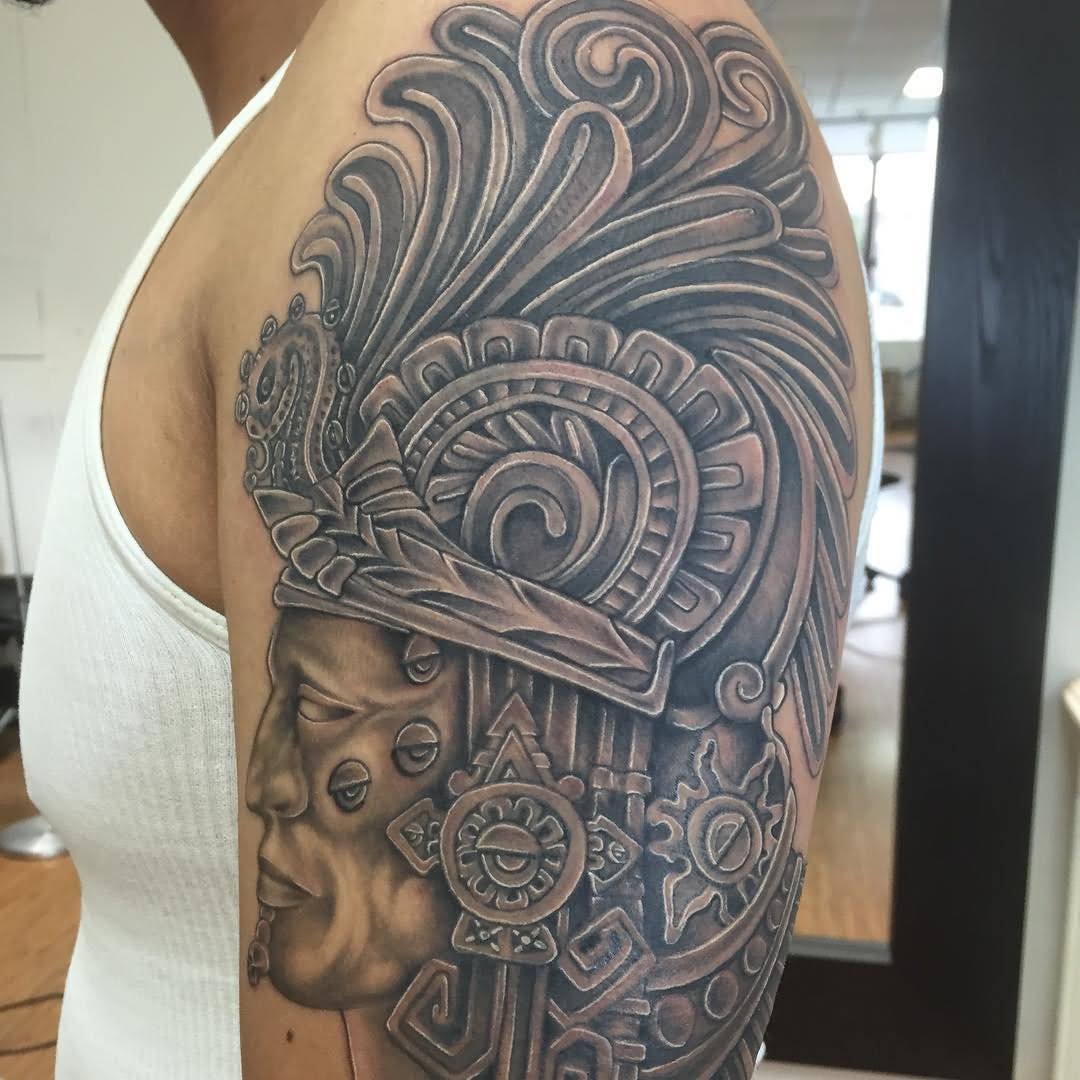 Grey Mexican Tattoo On Man Left Half Sleeve