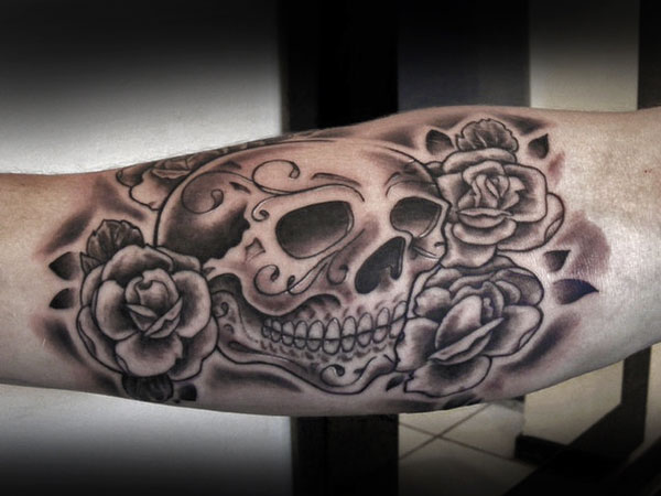 Grey Rose Flowers And Mexican Tattoo On Forearm