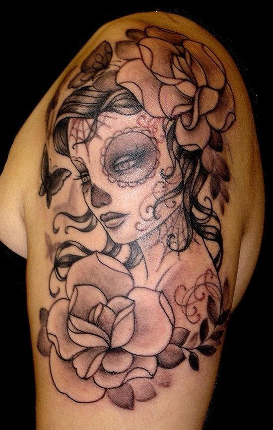 Grey Rose Flowers And Mexican Tattoo On Left Shoulder