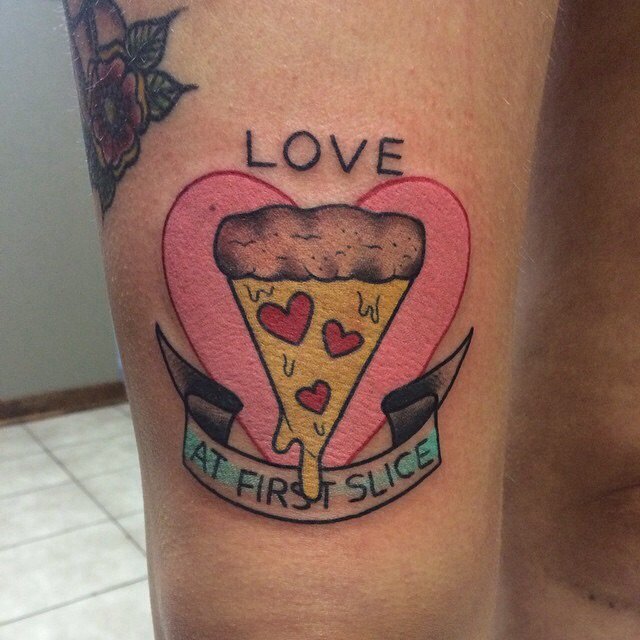 Heart Pizza Slice With Banner Tattoo Design For Thigh