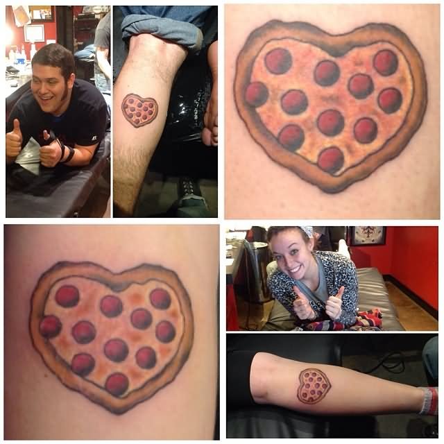 Heart Shape Pizza Tattoo Design For Leg Calf
