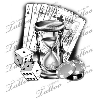 Hourglass, Playing Cards, Dice Black And White Gambling Tattoo Design