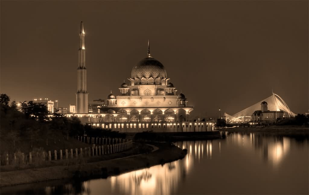 Illuminated Putra Mosque At Night