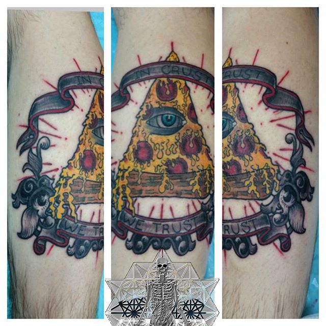 Illuminati Eye Pizza Slice With Banner Tattoo Design