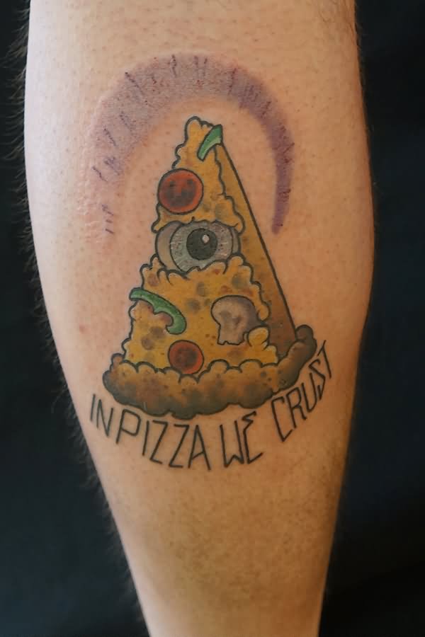 In Pizza We Crust - 3D Traditional Pizza Piece Tattoo Design For Leg By Jamie Clinton