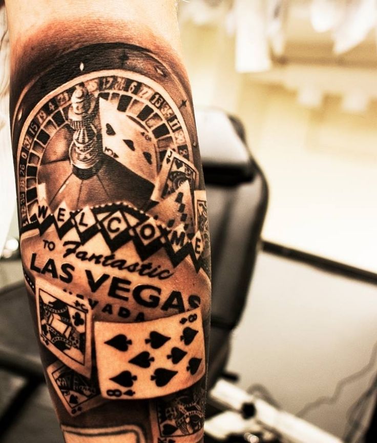 Las Vegas Grey Ink Gambling Tattoo On Sleeve