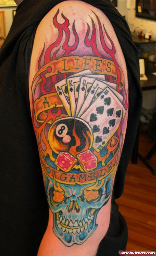 Left Half Sleeve Colored Gambling Tattoo For Men
