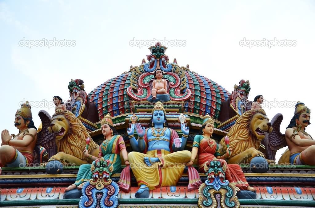 Lord Vishnu Sculptures On The Top Of Sri Mariamman Temple