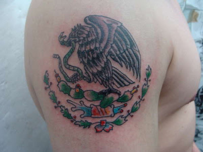 Man Right Shoulder Mexican Eagle And Snake Tattoo