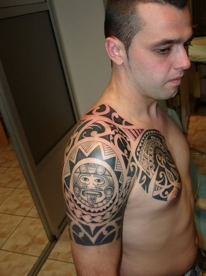 Mexican Aztec Sun Tattoo On Right Shoulder