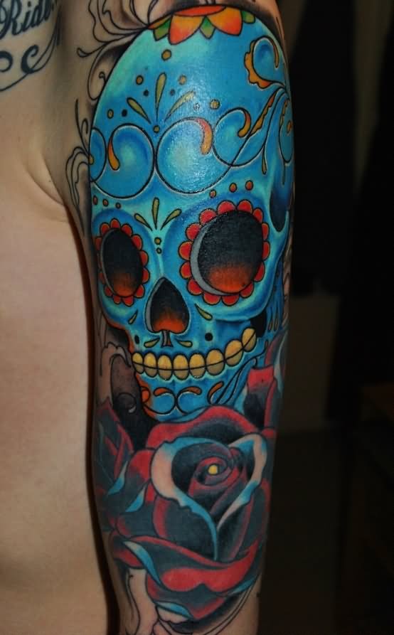 Mexican Blue Skull Tattoo On Left Half Sleeve