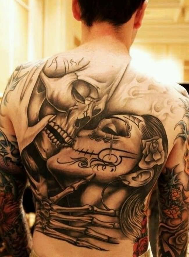 Mexican Couple Kissing Tattoo On Full Back