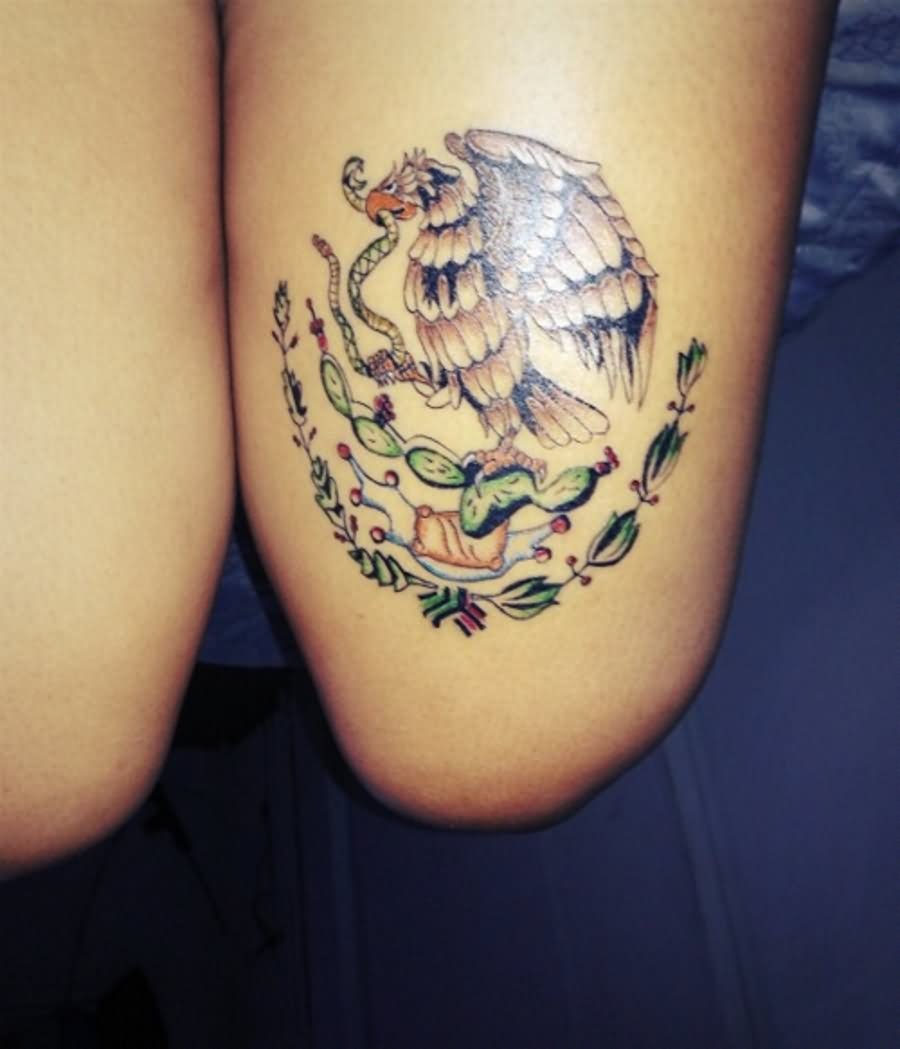 Mexican Eagle And Snake Tattoo On Left Thigh