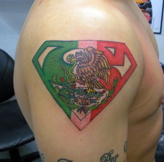 Mexican Eagle And Superman Logo Tattoo On Right Shoulder