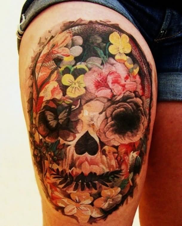 Mexican Flower Skull Tattoo On Right Thigh