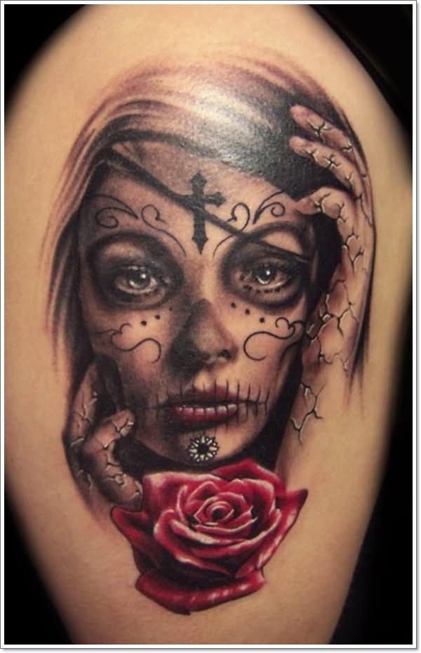 Mexican Girl Head And Red Rose Tattoo