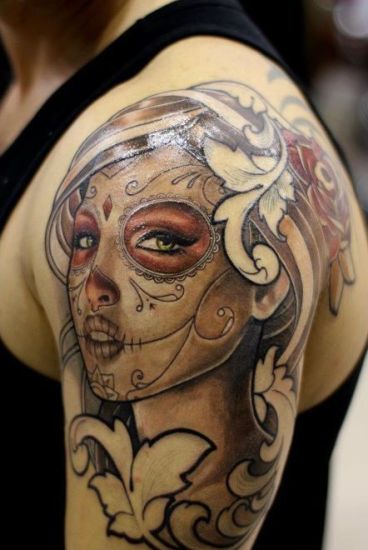 Mexican Girl Tattoo On Left Shoulder