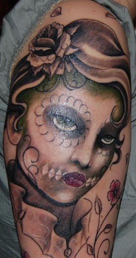 Mexican Girl Tattoo On Right Half Sleeve