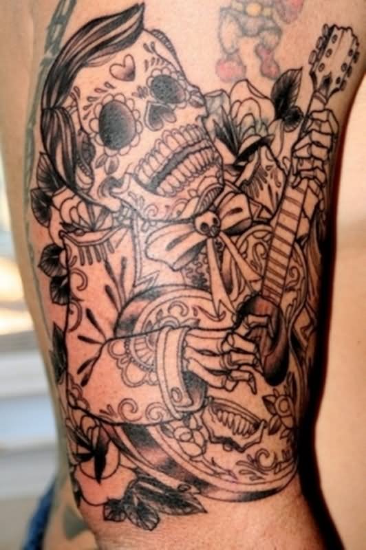 Mexican Singer Skeleton Tattoo On Half Sleeve